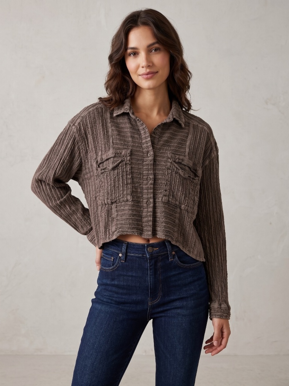 Vintage Havana Taupe Textured Cropped Button-Front Shacket Top | Size Small